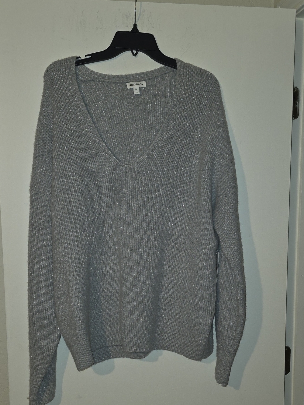 Nordstrom Silver Gray V-Neck Ribbed Sweater with Subtle Sparkle
